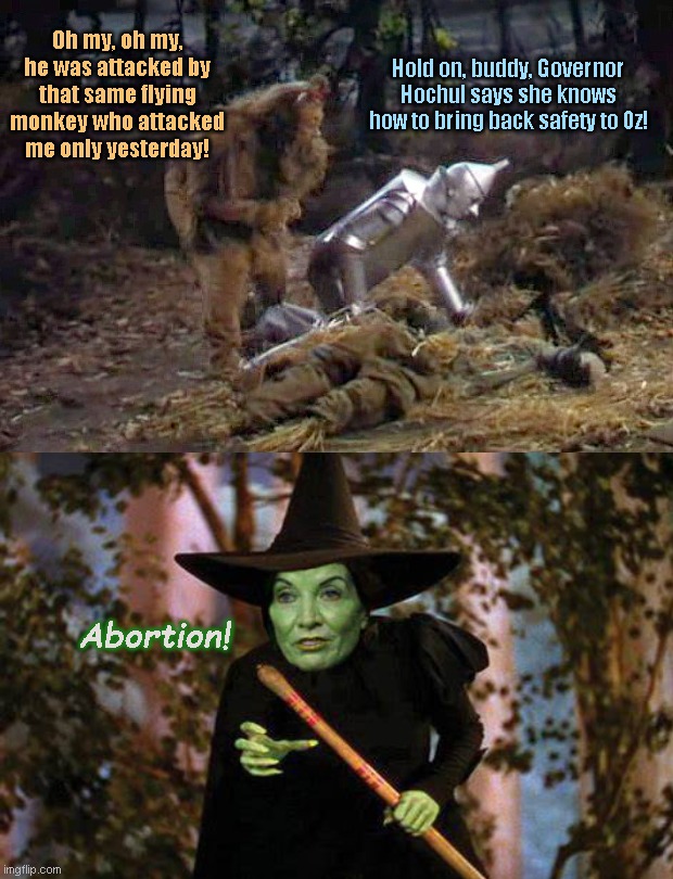 Kathy Hochul's flying monkeys | Hold on, buddy, Governor Hochul says she knows how to bring back safety to Oz! Oh my, oh my, he was attacked by that same flying monkey who attacked me only yesterday! Abortion! | image tagged in kathy hochul,new york,liberal priorities,2022 midterm elections,the wizard of oz,political humor | made w/ Imgflip meme maker