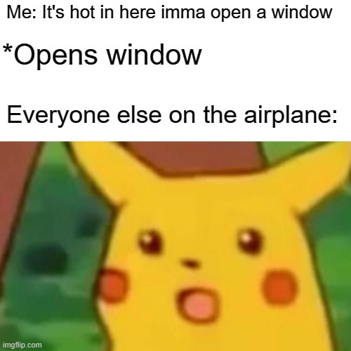 Surprised Pikachu Meme | Me: It's hot in here imma open a window; *Opens window; Everyone else on the airplane: | image tagged in memes,surprised pikachu | made w/ Imgflip meme maker