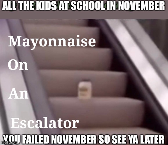 Mayonnaise on an escalator | ALL THE KIDS AT SCHOOL IN NOVEMBER; YOU FAILED NOVEMBER SO SEE YA LATER | image tagged in mayonnaise,escalator,memes,funny | made w/ Imgflip meme maker