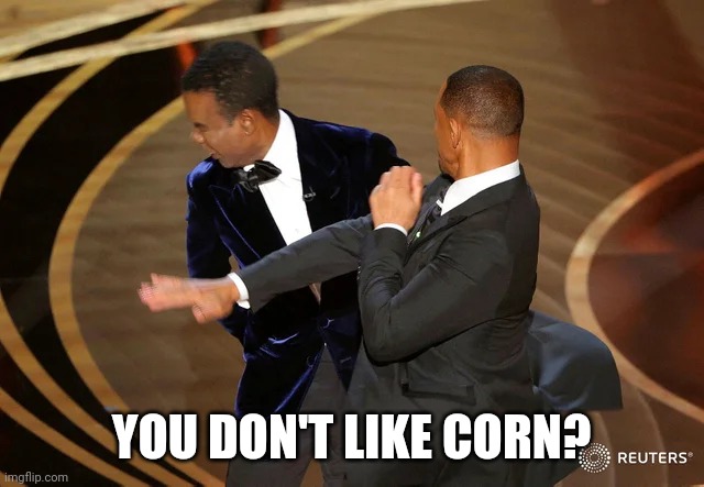 Will Smith punching Chris Rock | YOU DON'T LIKE CORN? | image tagged in will smith punching chris rock | made w/ Imgflip meme maker