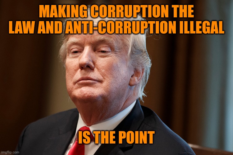 Trump | MAKING CORRUPTION THE LAW AND ANTI-CORRUPTION ILLEGAL IS THE POINT | image tagged in trump | made w/ Imgflip meme maker