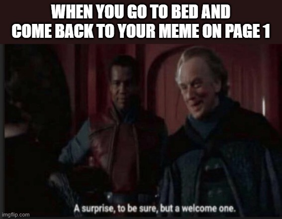 A surprise, to be sure, but a welcome one | WHEN YOU GO TO BED AND COME BACK TO YOUR MEME ON PAGE 1 | image tagged in a surprise to be sure but a welcome one | made w/ Imgflip meme maker