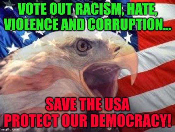 Patriotic Eagle | VOTE OUT RACISM, HATE, VIOLENCE AND CORRUPTION... SAVE THE USA
PROTECT OUR DEMOCRACY! | image tagged in patriotic eagle | made w/ Imgflip meme maker