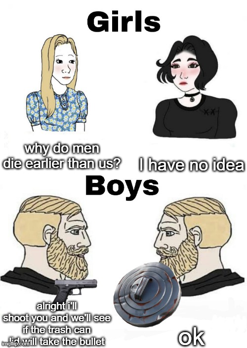 Girls vs Boys | why do men die earlier than us? I have no idea; ok; alright i'll shoot you and we'll see if the trash can lid will take the bullet | image tagged in girls vs boys,memes,funny,boys vs girls,memenade | made w/ Imgflip meme maker