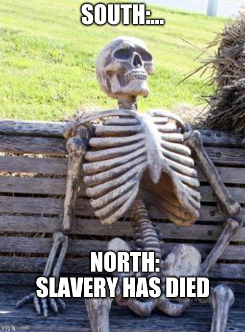 kill slavery | SOUTH:... NORTH: SLAVERY HAS DIED | image tagged in memes,waiting skeleton | made w/ Imgflip meme maker