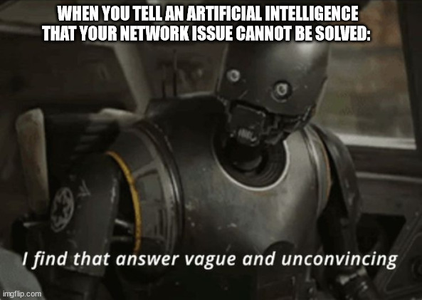 I find that answer vague and unconvincing | WHEN YOU TELL AN ARTIFICIAL INTELLIGENCE THAT YOUR NETWORK ISSUE CANNOT BE SOLVED: | image tagged in i find that answer vague and unconvincing | made w/ Imgflip meme maker