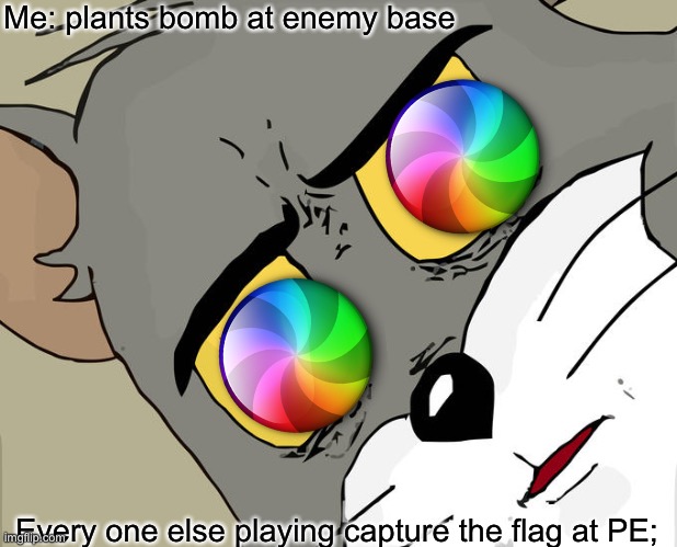 Unsettled Tom Meme | Me: plants bomb at enemy base; Every one else playing capture the flag at PE; | image tagged in memes,unsettled tom | made w/ Imgflip meme maker