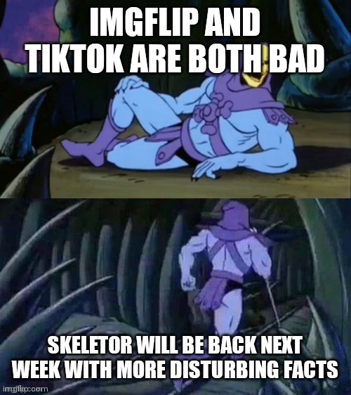 See you next week | IMGFLIP AND TIKTOK ARE BOTH BAD; SKELETOR WILL BE BACK NEXT WEEK WITH MORE DISTURBING FACTS | image tagged in skeletor disturbing facts | made w/ Imgflip meme maker