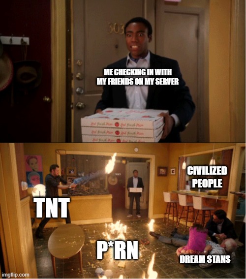 always | ME CHECKING IN WITH MY FRIENDS ON MY SERVER; CIVILIZED PEOPLE; TNT; P*RN; DREAM STANS | image tagged in community fire pizza meme | made w/ Imgflip meme maker