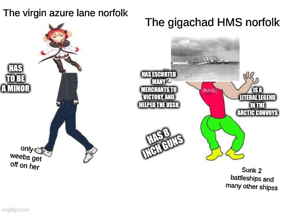 Virgin vs Chad |  The gigachad HMS norfolk; The virgin azure lane norfolk; HAS TO BE A MINOR; HAS ESCORTED MANY MERCHANTS TO VICTORY, AND HELPED THE USSR; IS A LITERAL LEGEND IN THE ARCTIC CONVOYS; HAS 8 INCH GUNS; only weebs get off on her; Sunk 2  battleships and many other shipss | image tagged in virgin vs chad,azur lane,ship,lol so funny | made w/ Imgflip meme maker