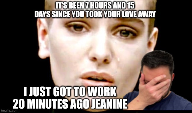 Clingy gf | IT'S BEEN 7 HOURS AND 15 DAYS SINCE YOU TOOK YOUR LOVE AWAY; I JUST GOT TO WORK 20 MINUTES AGO JEANINE | image tagged in nothing sinead | made w/ Imgflip meme maker