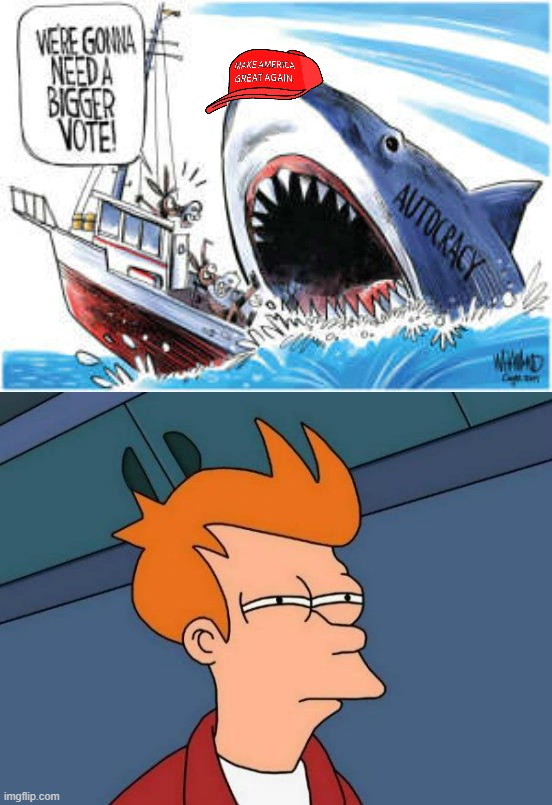 Not sure if sharks wear MAGA hats on their nose or fins | image tagged in we're gonna need a bigger vote,memes,futurama fry,maga,political cartoon,out-of-place futurama fry | made w/ Imgflip meme maker