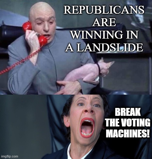 Dr Evil and Frau | REPUBLICANS ARE WINNING IN A LANDSLIDE BREAK THE VOTING MACHINES! | image tagged in dr evil and frau | made w/ Imgflip meme maker
