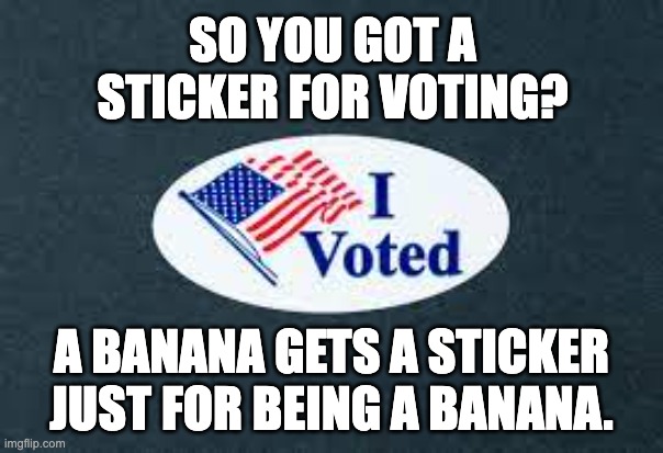 You think you're special? | SO YOU GOT A STICKER FOR VOTING? A BANANA GETS A STICKER JUST FOR BEING A BANANA. | image tagged in vote | made w/ Imgflip meme maker