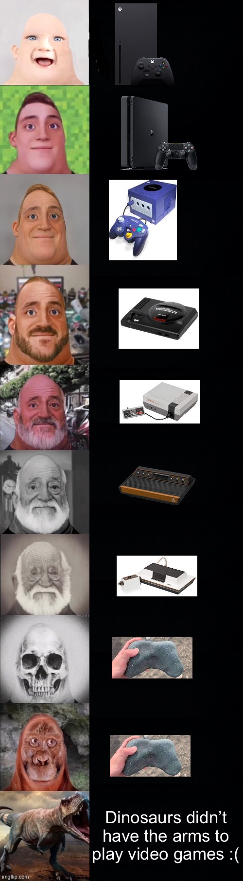 Mr incredible becoming old (your first video game console) | Dinosaurs didn’t have the arms to play video games :( | image tagged in mr incredible becoming old | made w/ Imgflip meme maker