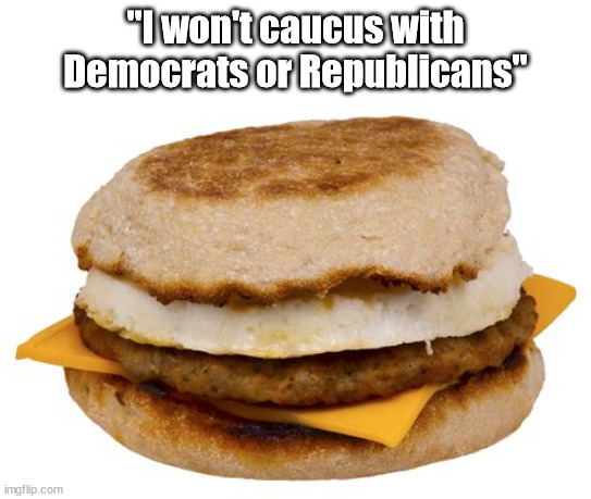 McMuffin | "I won't caucus with Democrats or Republicans" | image tagged in spoiler | made w/ Imgflip meme maker