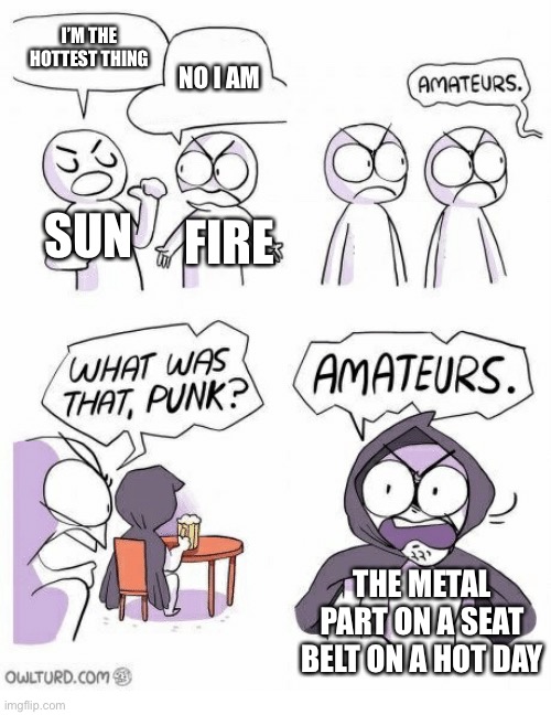 Heat | I’M THE HOTTEST THING; NO I AM; SUN; FIRE; THE METAL PART ON A SEAT BELT ON A HOT DAY | image tagged in amateurs | made w/ Imgflip meme maker