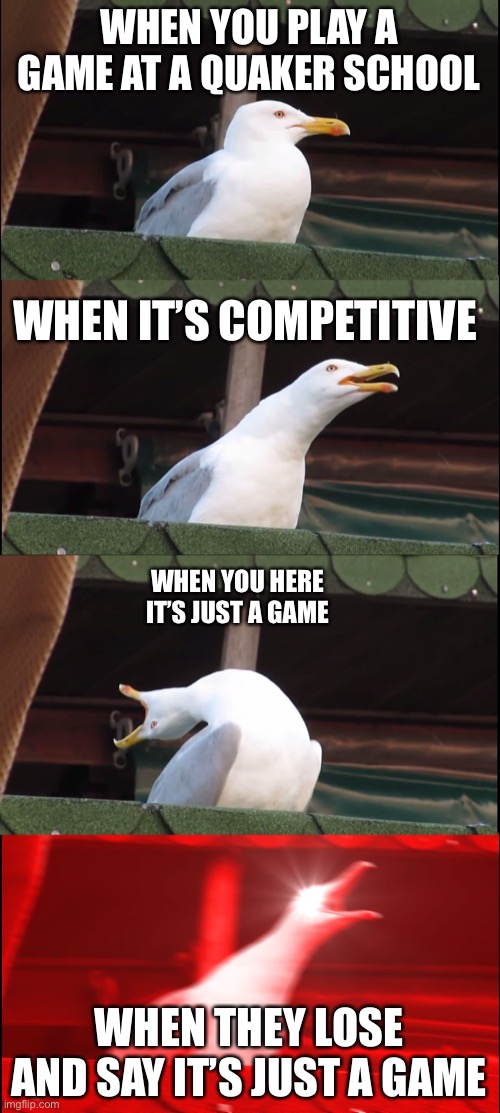 Inhaling Seagull Meme | WHEN YOU PLAY A GAME AT A QUAKER SCHOOL; WHEN IT’S COMPETITIVE; WHEN YOU HERE IT’S JUST A GAME; WHEN THEY LOSE AND SAY IT’S JUST A GAME | image tagged in memes,inhaling seagull | made w/ Imgflip meme maker