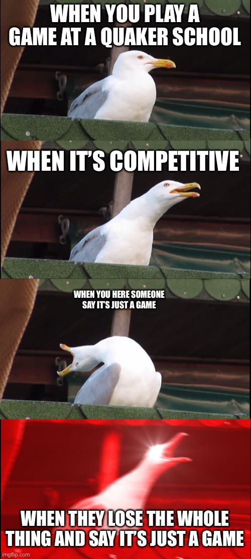 Inhaling Seagull Meme | WHEN YOU PLAY A GAME AT A QUAKER SCHOOL; WHEN IT’S COMPETITIVE; WHEN YOU HERE SOMEONE SAY IT’S JUST A GAME; WHEN THEY LOSE THE WHOLE THING AND SAY IT’S JUST A GAME | image tagged in memes,inhaling seagull | made w/ Imgflip meme maker