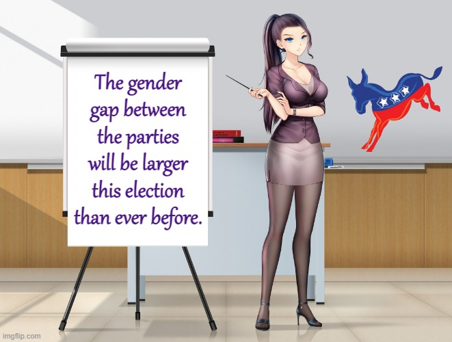 Women have been moving toward the Democratic Party for some time. Roe v. Wade's reversal will accelerate that. | The gender gap between the parties will be larger this election than ever before. | image tagged in hot anime lady presentation fixed textboxes,democratic party,democrats,gender equality,roe v wade,abortion | made w/ Imgflip meme maker