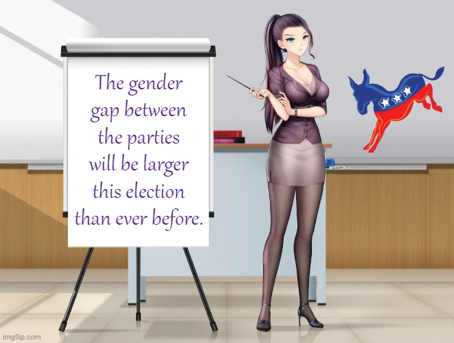 Hot Anime Lady Presentation fixed textboxes | The gender gap between the parties will be larger this election than ever before. | image tagged in hot anime lady presentation fixed textboxes | made w/ Imgflip meme maker