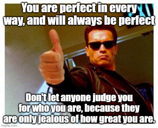 a little something for everyone :) | You are perfect in every way, and will always be perfect; Don't let anyone judge you for who you are, because they are only jealous of how great you are. | image tagged in terminator thumbs up | made w/ Imgflip meme maker