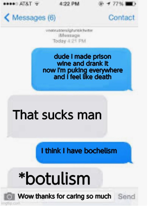 Botulism* |  dude i made prison wine and drank it now i'm puking everywhere and i feel like death; That sucks man; I think I have bochelism; *botulism; Wow thanks for caring so much | image tagged in blank text conversation,memes,sick | made w/ Imgflip meme maker