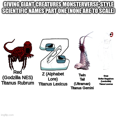 bored | GIVING GIANT CREATURES MONSTERVERSE-STYLE SCIENTIFIC NAMES PART ONE (NONE ARE TO SCALE); Red (Godzilla NES)
Titanus Rubrum; Twin Tail (Ultraman)
Titanus Gemini; Great Mother Megaphone (Leovincible)
Titanus Lucernus; Z (Alphabet Lore)
Titanus Lexicus | made w/ Imgflip meme maker