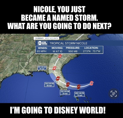 Storm hurricane nicole | NICOLE, YOU JUST BECAME A NAMED STORM.
WHAT ARE YOU GOING TO DO NEXT? I’M GOING TO DISNEY WORLD! | image tagged in storm nicole | made w/ Imgflip meme maker