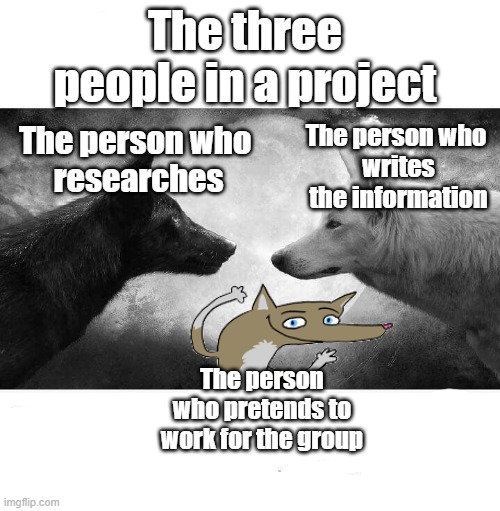 Inside you there are two wolves | The three people in a project; The person who 
writes the information; The person who 
researches; The person who pretends to work for the group | image tagged in inside you there are two wolves | made w/ Imgflip meme maker