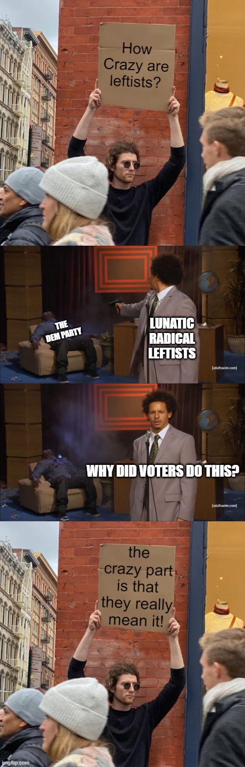 The average leftist really does not understand WHY voters are furious with them and their insane ideology. | LUNATIC RADICAL LEFTISTS; THE DEM PARTY; WHY DID VOTERS DO THIS? | image tagged in who killed hannibal | made w/ Imgflip meme maker