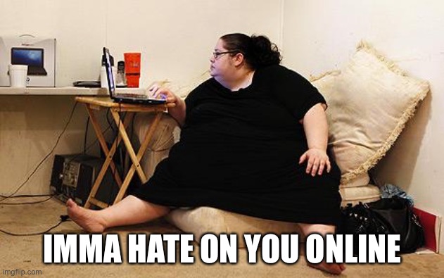 Super morbid obesity hatred | IMMA HATE ON YOU ONLINE | image tagged in obese woman at computer,obese,hate,hatred | made w/ Imgflip meme maker