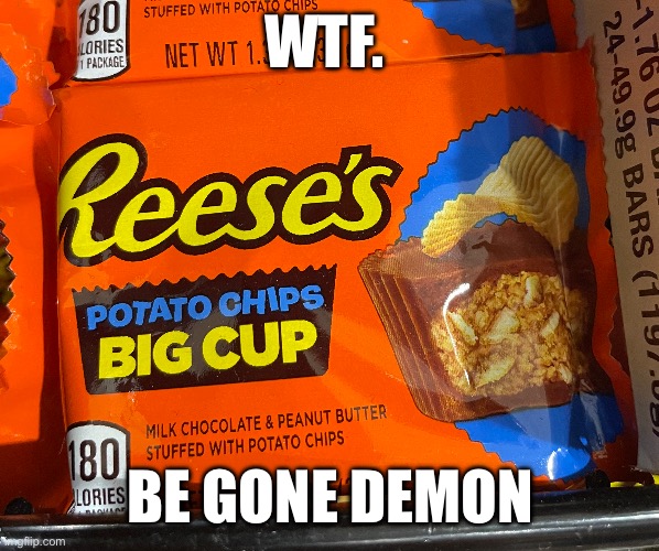 Potato | WTF. BE GONE DEMON | image tagged in reeces,iceu,disgusting,reeces potato chip,potato chip flavor | made w/ Imgflip meme maker