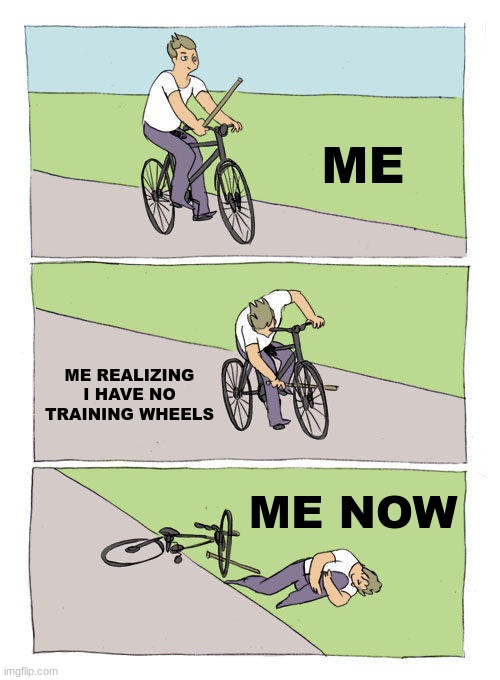 7 year old me | ME; ME REALIZING I HAVE NO TRAINING WHEELS; ME NOW | image tagged in memes,bike fall | made w/ Imgflip meme maker