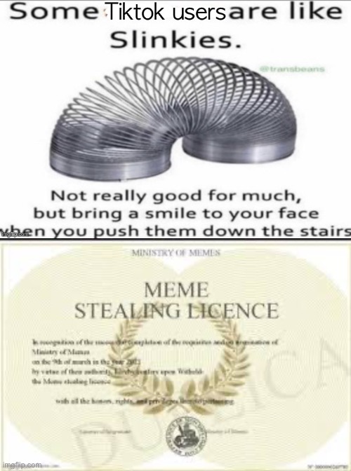 I stole this from someone but I have the license | image tagged in meme stealing license,tiktok sucks,slinky | made w/ Imgflip meme maker