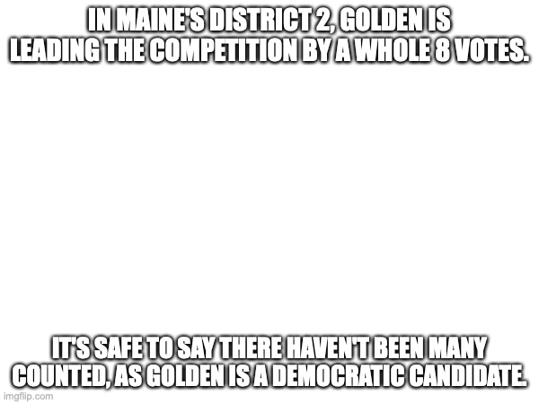 IN MAINE'S DISTRICT 2, GOLDEN IS LEADING THE COMPETITION BY A WHOLE 8 VOTES. IT'S SAFE TO SAY THERE HAVEN'T BEEN MANY COUNTED, AS GOLDEN IS A DEMOCRATIC CANDIDATE. | made w/ Imgflip meme maker