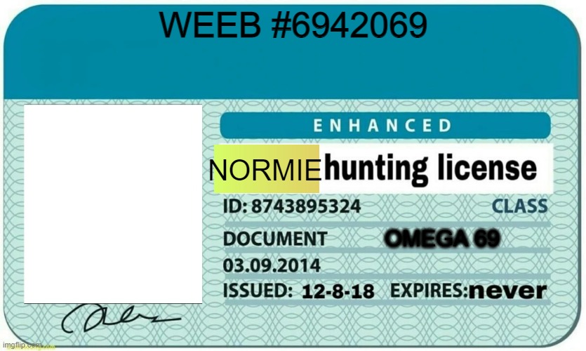 furry hunting license | WEEB #6942069; NORMIE; OMEGA 69 | image tagged in furry hunting license | made w/ Imgflip meme maker