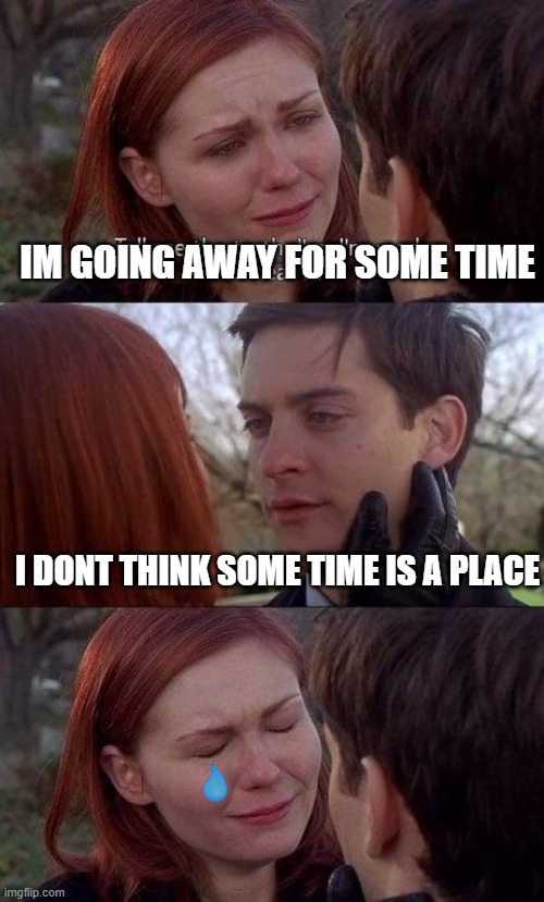 some time is a place? | IM GOING AWAY FOR SOME TIME; I DONT THINK SOME TIME IS A PLACE | image tagged in tell me the truth i'm ready to hear it,funny,meme,peter,mj | made w/ Imgflip meme maker