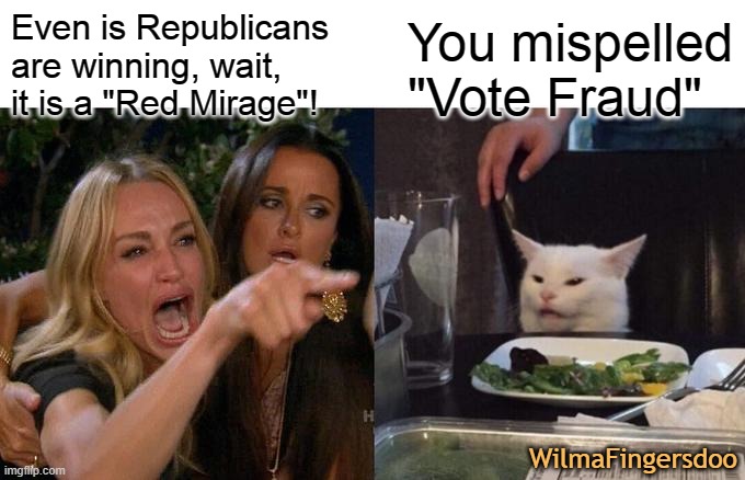 Woman Yelling At Cat Meme | Even is Republicans are winning, wait, it is a "Red Mirage"! You mispelled "Vote Fraud"; WilmaFingersdoo | image tagged in memes,woman yelling at cat,2022 election | made w/ Imgflip meme maker