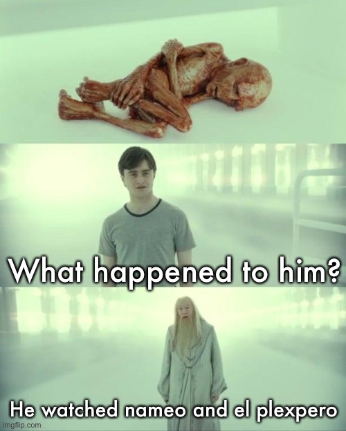 True | What happened to him? He watched nameo and el plexpero | image tagged in dead baby voldemort / what happened to him | made w/ Imgflip meme maker