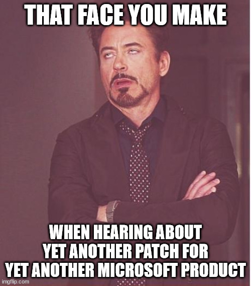 Maybe they have too many products | THAT FACE YOU MAKE; WHEN HEARING ABOUT YET ANOTHER PATCH FOR YET ANOTHER MICROSOFT PRODUCT | image tagged in memes,face you make robert downey jr | made w/ Imgflip meme maker