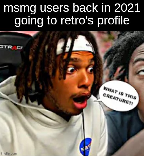 WHAT IS THIS CREATURE?! | msmg users back in 2021 going to retro's profile | image tagged in what is this creature | made w/ Imgflip meme maker