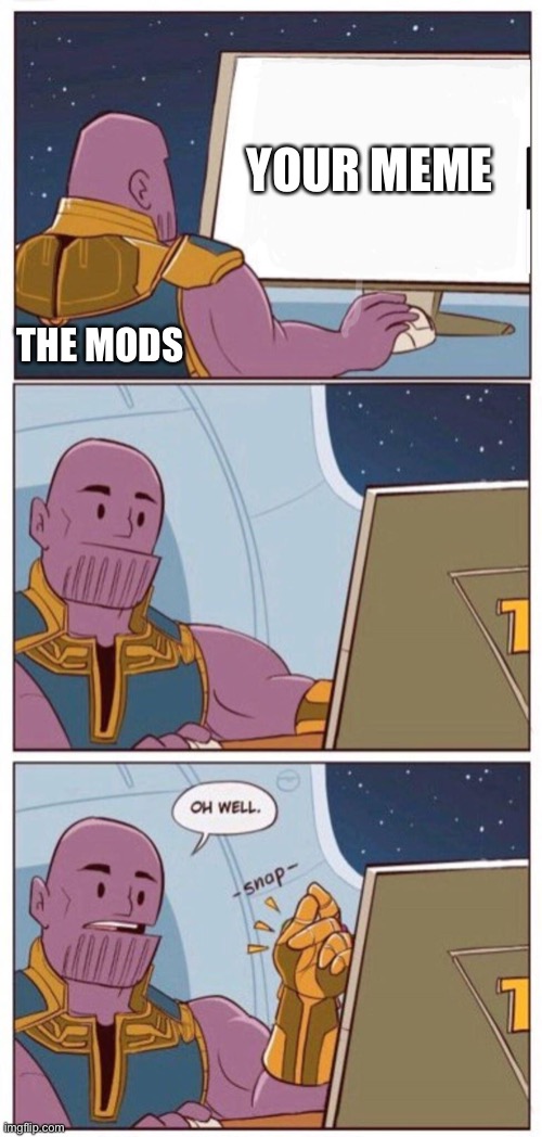 Oh Well Thanos | YOUR MEME THE MODS | image tagged in oh well thanos | made w/ Imgflip meme maker