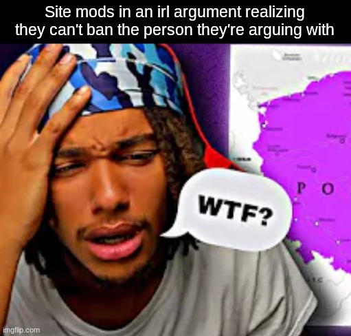 Site mods in an irl argument realizing they can't ban the person they're arguing with | image tagged in wtf | made w/ Imgflip meme maker