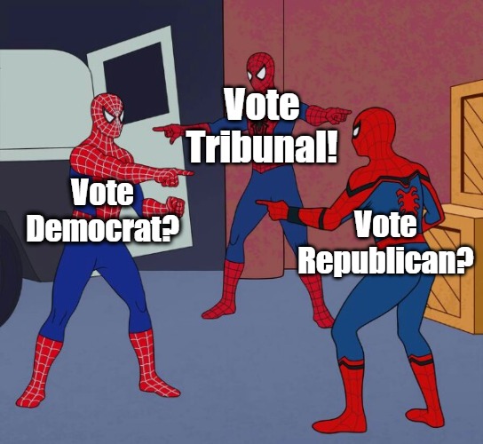 Left vs Right vs Reckoning | Vote Democrat? Vote Tribunal! Vote Republican? | image tagged in spider man triple,oligarchy democracy,political circus,selection theater,corrupt government,dc criminals | made w/ Imgflip meme maker