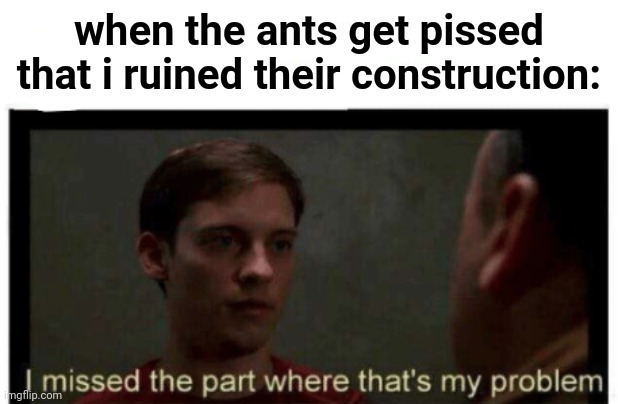 I missed the part where that's my problem. | when the ants get pissed that i ruined their construction: | image tagged in i missed the part where that's my problem | made w/ Imgflip meme maker