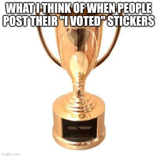 I voted |  WHAT I THINK OF WHEN PEOPLE POST THEIR "I VOTED" STICKERS | image tagged in participation trophy | made w/ Imgflip meme maker
