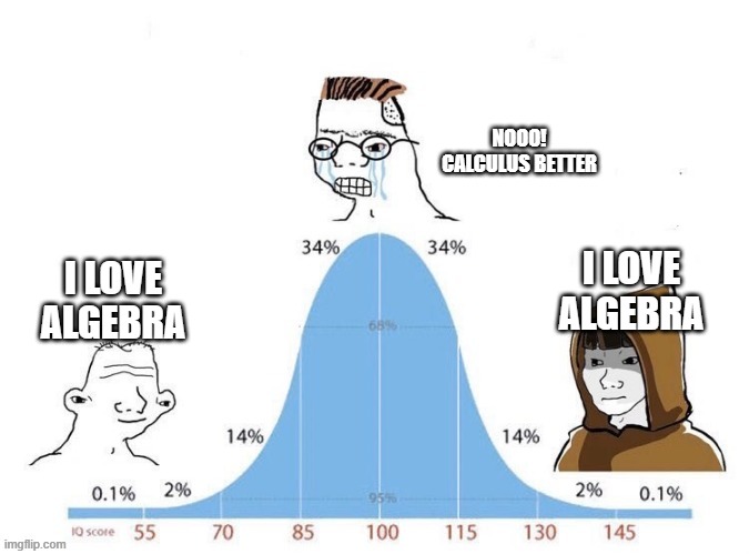bell curve | NOOO! CALCULUS BETTER; I LOVE ALGEBRA; I LOVE ALGEBRA | image tagged in bell curve,physicsmemes | made w/ Imgflip meme maker