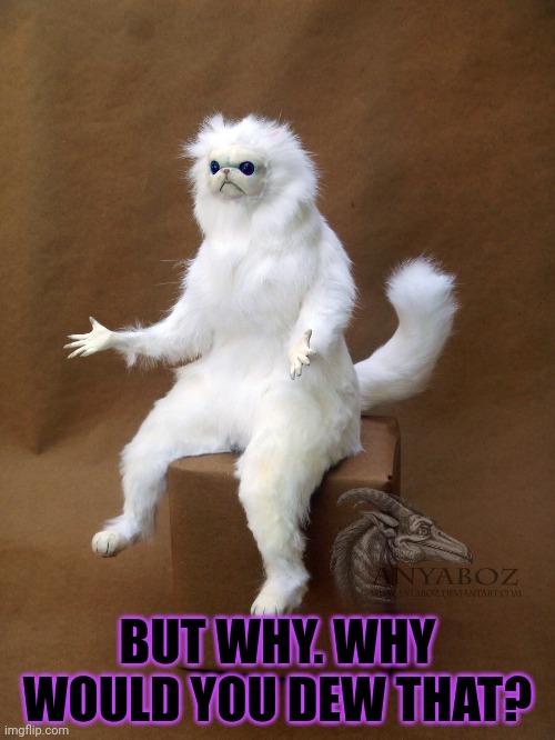 Persian Cat Room Guardian Single Meme | BUT WHY. WHY WOULD YOU DEW THAT? | image tagged in memes,persian cat room guardian single | made w/ Imgflip meme maker