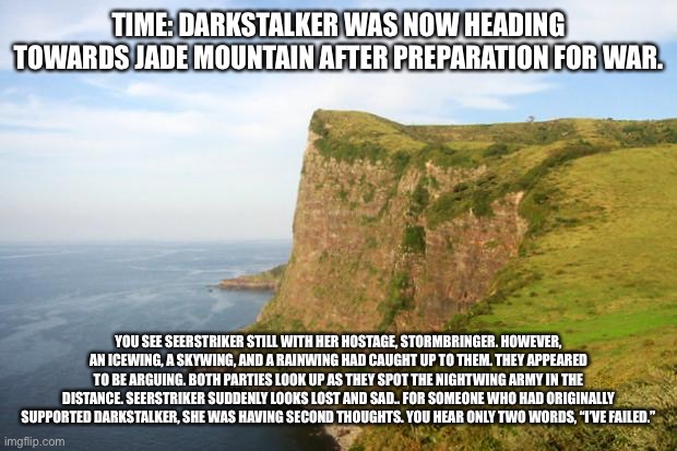 Seerstriker redemption moment | TIME: DARKSTALKER WAS NOW HEADING TOWARDS JADE MOUNTAIN AFTER PREPARATION FOR WAR. YOU SEE SEERSTRIKER STILL WITH HER HOSTAGE, STORMBRINGER. HOWEVER, AN ICEWING, A SKYWING, AND A RAINWING HAD CAUGHT UP TO THEM. THEY APPEARED TO BE ARGUING. BOTH PARTIES LOOK UP AS THEY SPOT THE NIGHTWING ARMY IN THE DISTANCE. SEERSTRIKER SUDDENLY LOOKS LOST AND SAD.. FOR SOMEONE WHO HAD ORIGINALLY SUPPORTED DARKSTALKER, SHE WAS HAVING SECOND THOUGHTS. YOU HEAR ONLY TWO WORDS, “I’VE FAILED.” | image tagged in cliff | made w/ Imgflip meme maker